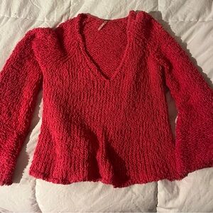 Free People Textured V-Neck Sweater in Bright Red